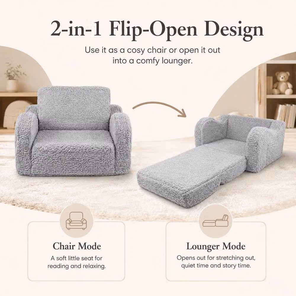 KORVIXA Grey Fabric 2-in-1 Fold Out Toddler Sofa Bed W/D/H: 100 x 100 x 100 cm – 2