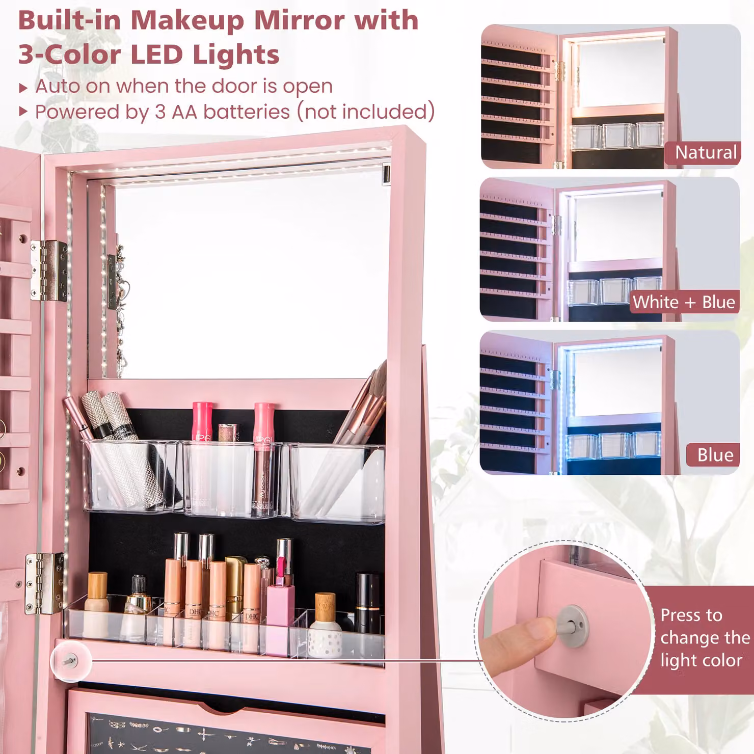Costway 360 Rotating Standing Jewelry and Makeup Armoire with LED Lighting and Lock in Pink – 6