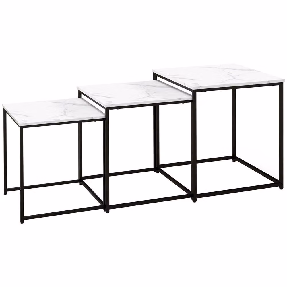 Wyld Haus Rekaco Set of 3 White Marble Effect Nesting Tables with MDF and Metal Construction – 2