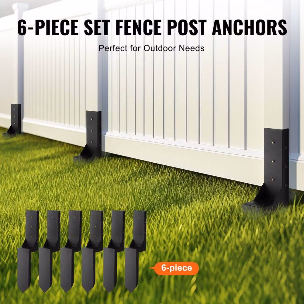 VEVOR Heavy Duty Steel Fence Post Anchor Kit, Black, 6 Pack – 7