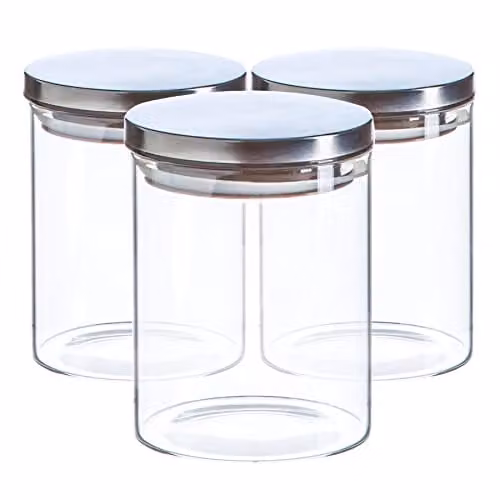 Argon Tableware Scandi Airtight Glass Storage Jars with Silver Metal Lids, 750ml, 3 Pack – 1