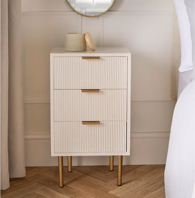 OHS Classic Ribbed Wooden Bedside Table with 3 Drawers, White, Height: 64 cm