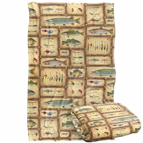 JQ Licensing Fish Sticks Lodge Fishing Lures Pattern Super Soft Fleece Throw Blanket, Multicolour, W/D/H: 91 x 147 cm – 1