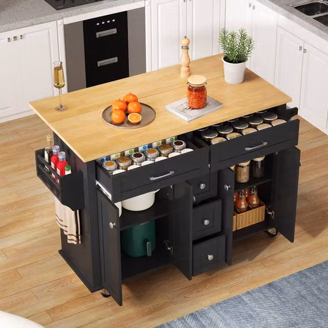 Matteo Black and Natural Kitchen Island Trolley with Foldable Top and Storage, W/D/H: 120 x 40 x 89 cm