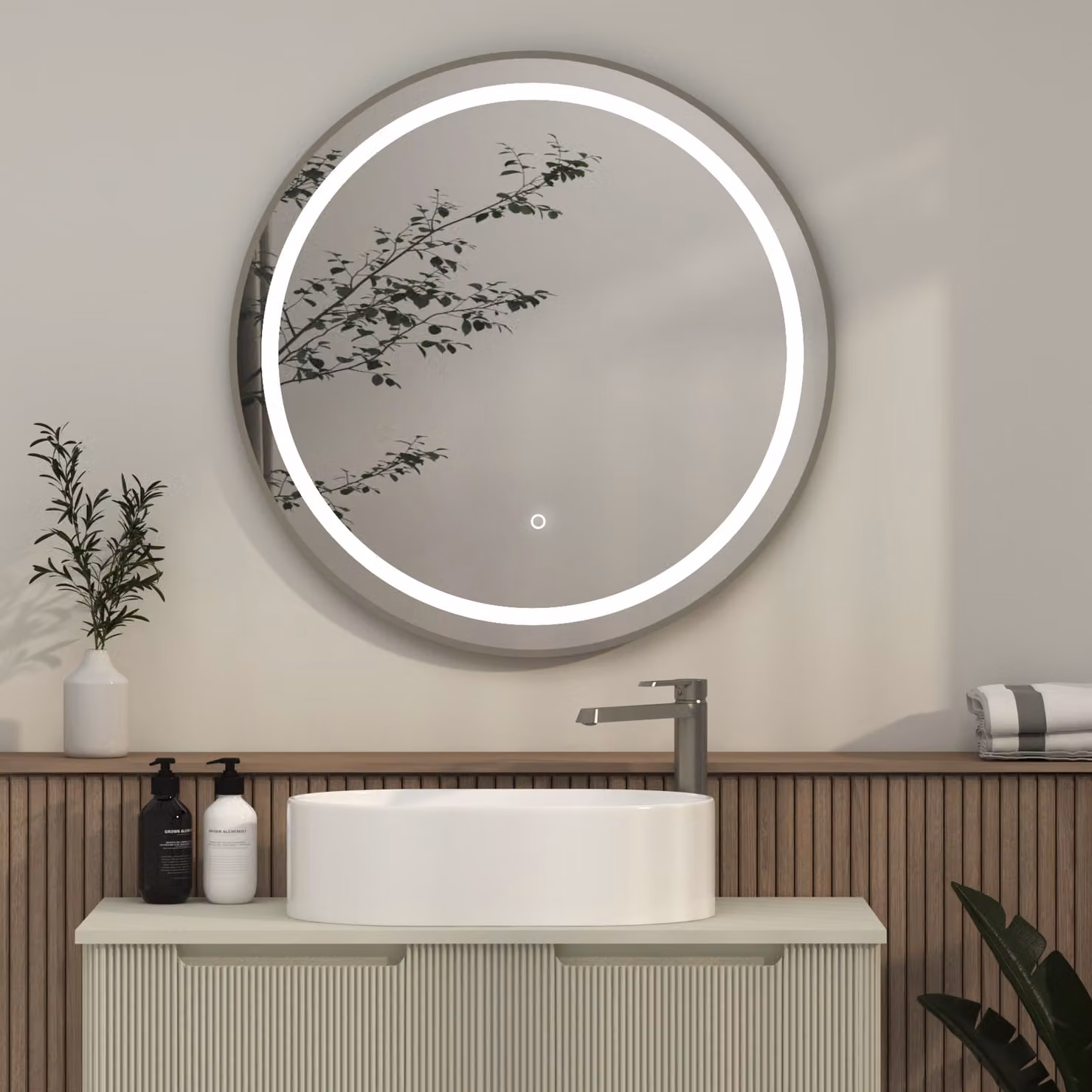 Royal Bathrooms Capri Round LED Illuminated Framed Mirror with Demister Pad and Touch Sensor in White or Silver
