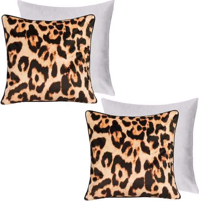 OHS Pack of 2 Brown Matte Velvet Leopard Print Square Filled Cushions