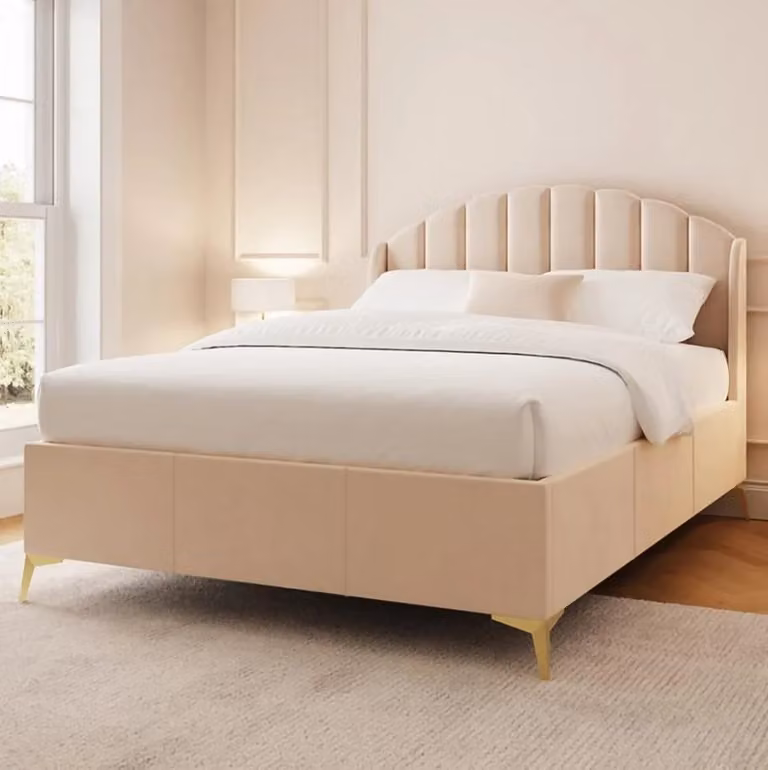 GFW Pettine Double Natural End Lift Ottoman Bed Frame with Winged Headboard in Beige Velvet, 140 x 200 cm