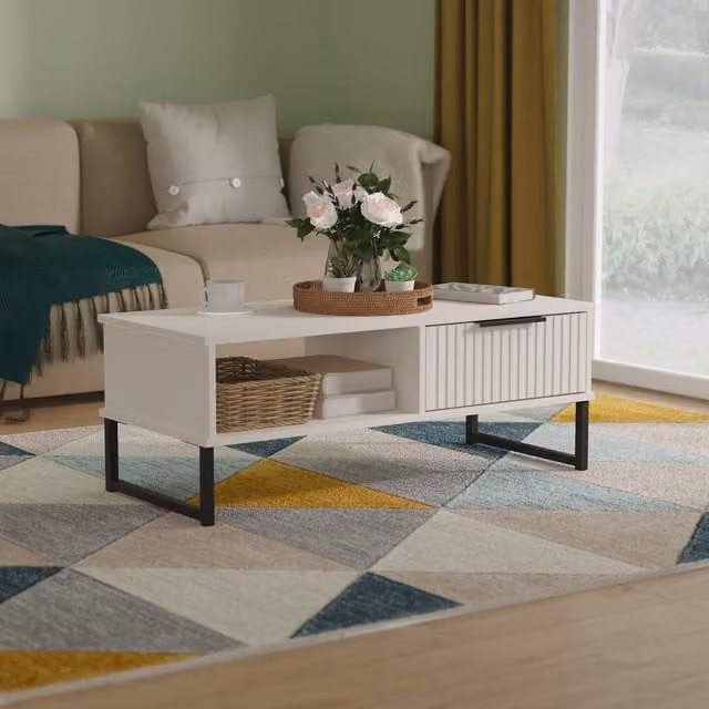 2 U Menai Modern Square Coffee Table with Metal Sled Base in Black and Beige – 1