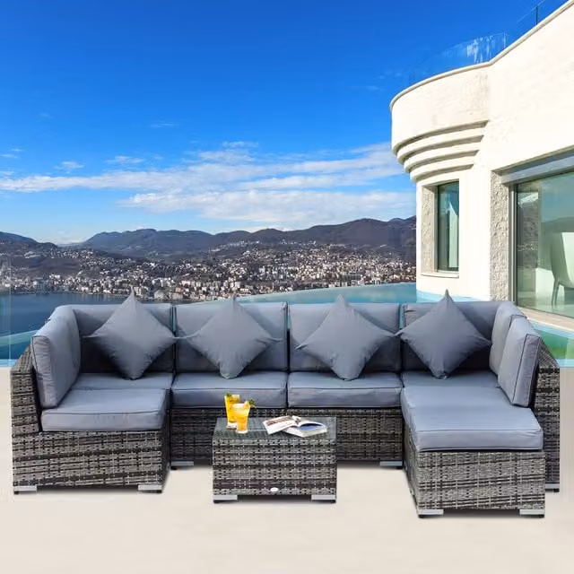 Outsunny 8 Piece L-Shape Rattan Garden Furniture Set with Upholstered Cushions in Grey