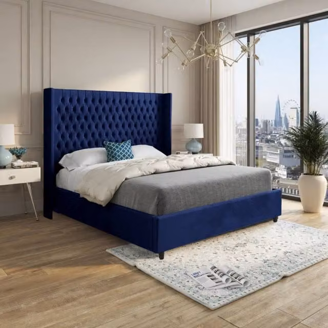 KDMD Welbury Winged Upholstered Blue Soft Velvet Designer Bed Frame W/D/H: 137 x 120 x 128 cm