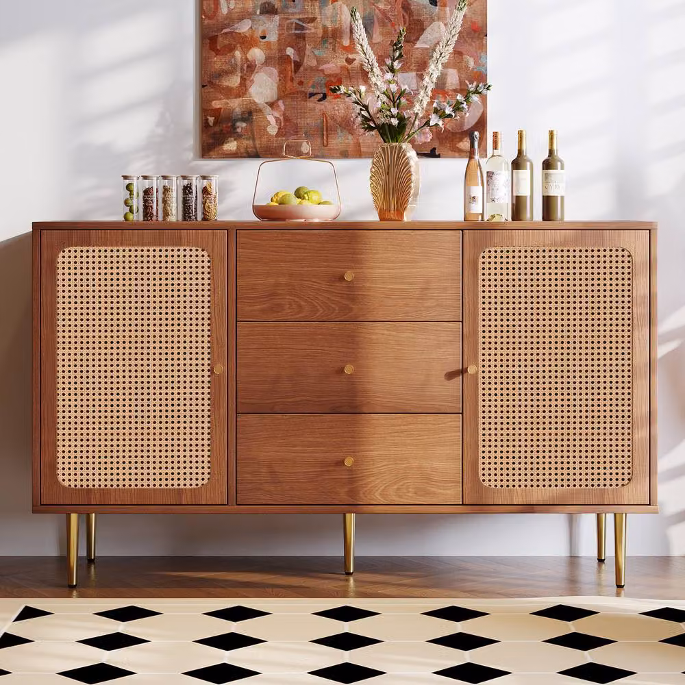 Matteo Walnut Rattan Sideboard Cabinet with 2 Doors and 3 Drawers in Brown and Gold – 4
