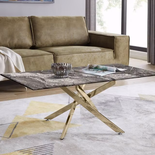 FurnitureboxUK Leonardo Coffee Table with Grey Marble Effect Glass Top and Gold Metal Legs
