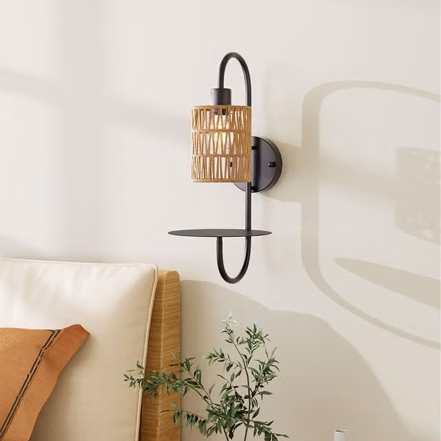 Komore Modern Wall Light with Paper Rattan Shade and Metal Tray in Black and Beige