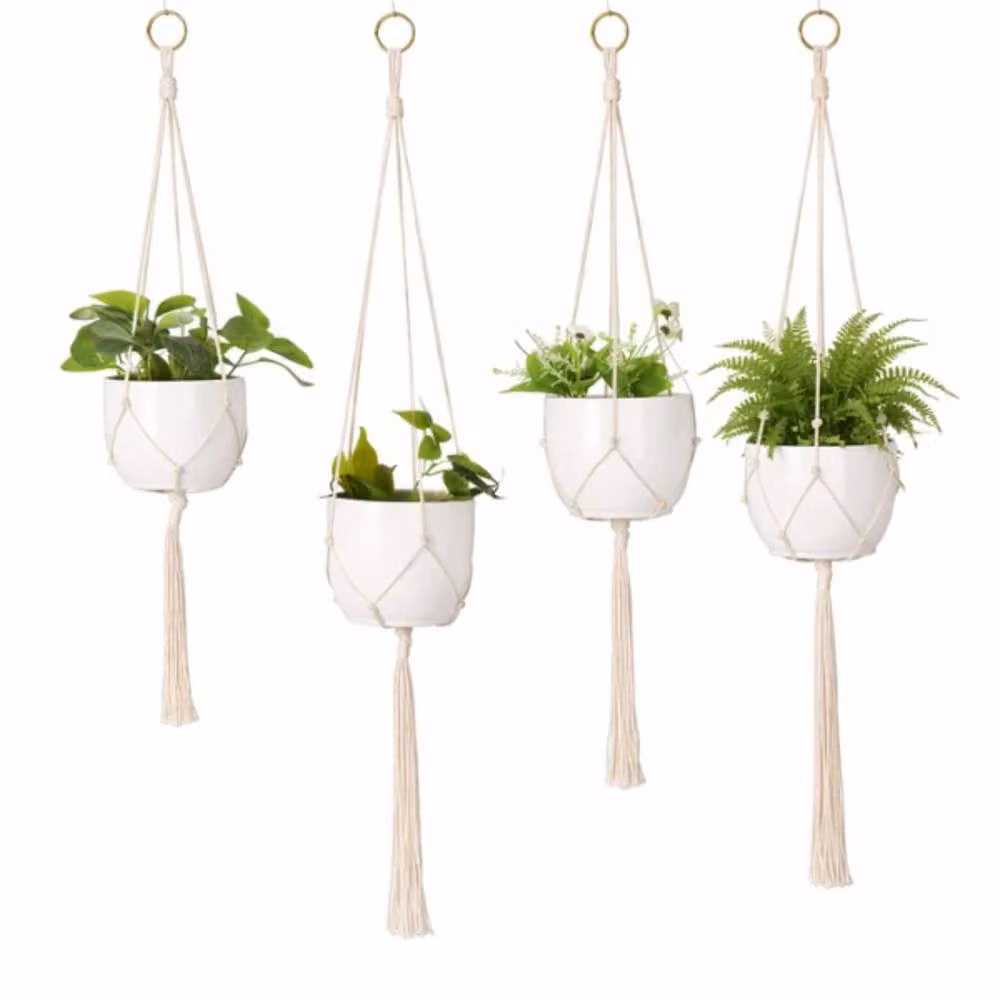 Marco Paul Set of 4 White Macrame Rope Hanging Plant Hangers – 2