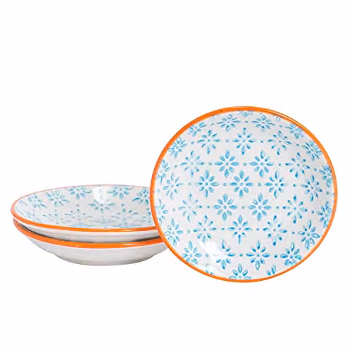 Nicola Spring Hand Printed Floral Blue Stoneware Sauce Dishes, Pack of 3, Diameter: 10 cm – 1