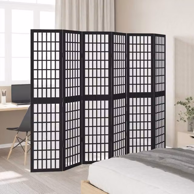 Berkfield Home 6 Panel Room Divider in Black Solid Paulownia Wood, H 215 x W 180 x D 6 cm