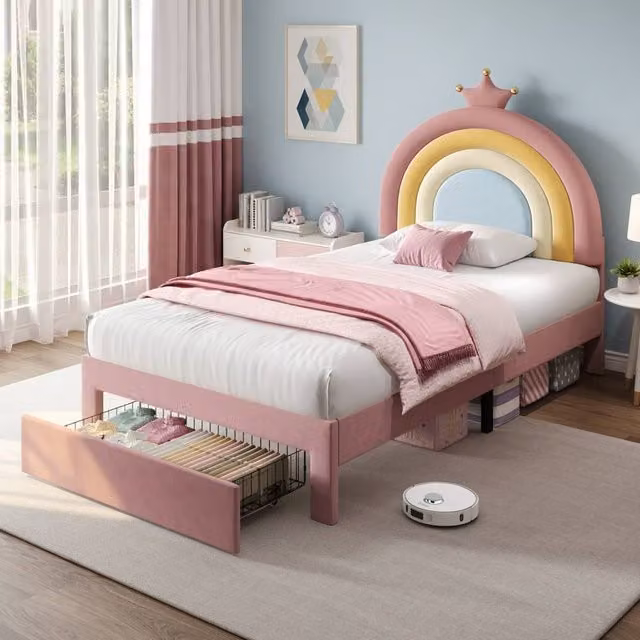 BTM Pink Velvet Upholstered Single Bed with Drawers and Adjustable Headboard, 90 x 200 cm
