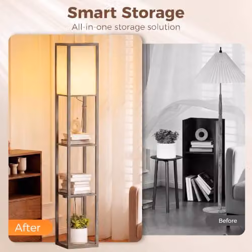 HOMCOM Modern 3-Tier Floor Lamp with Storage Shelves and LED Light in Grey – 3
