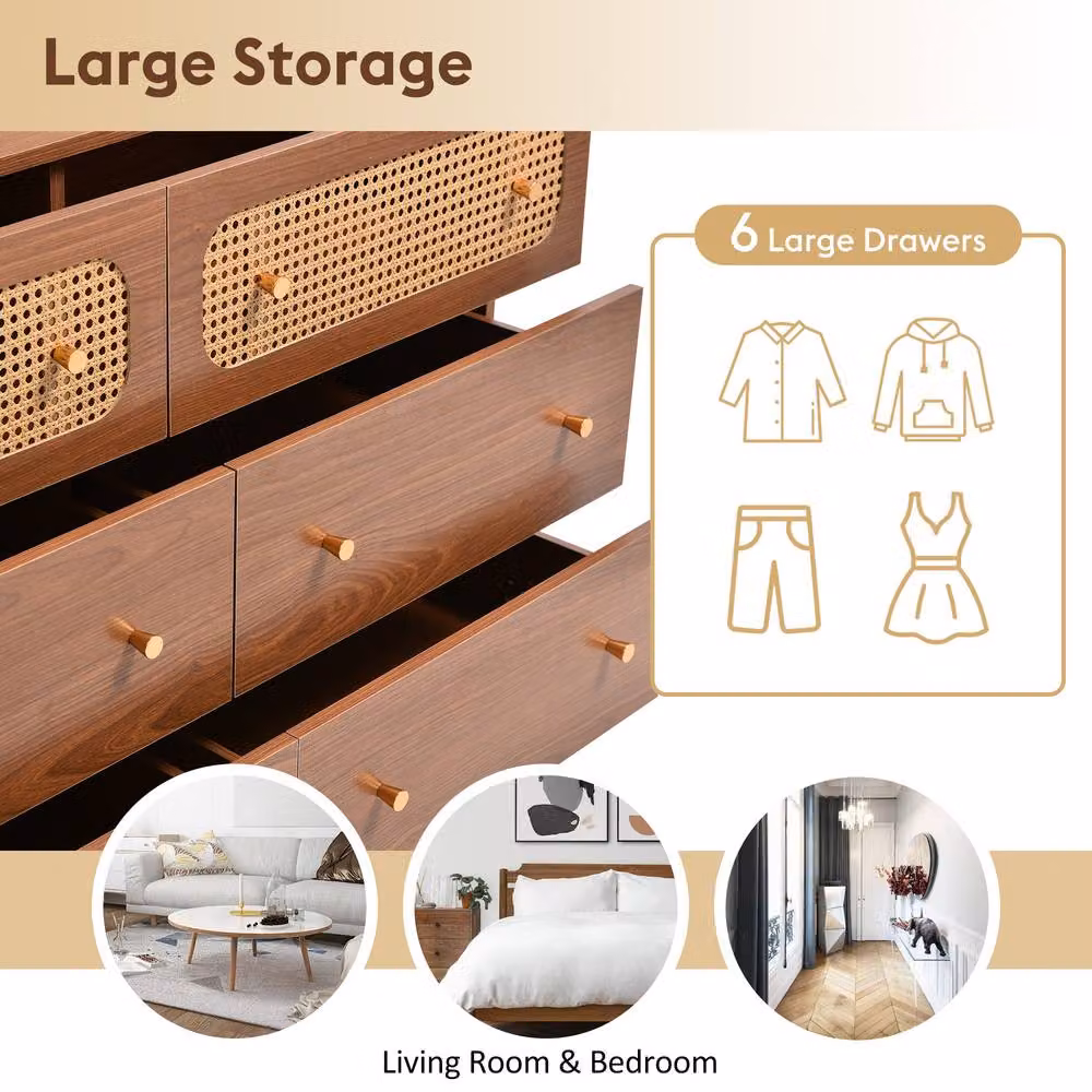 Merax Rattan Sideboard Chest of Drawers with Rounded Corners in Walnut and Gold – 4