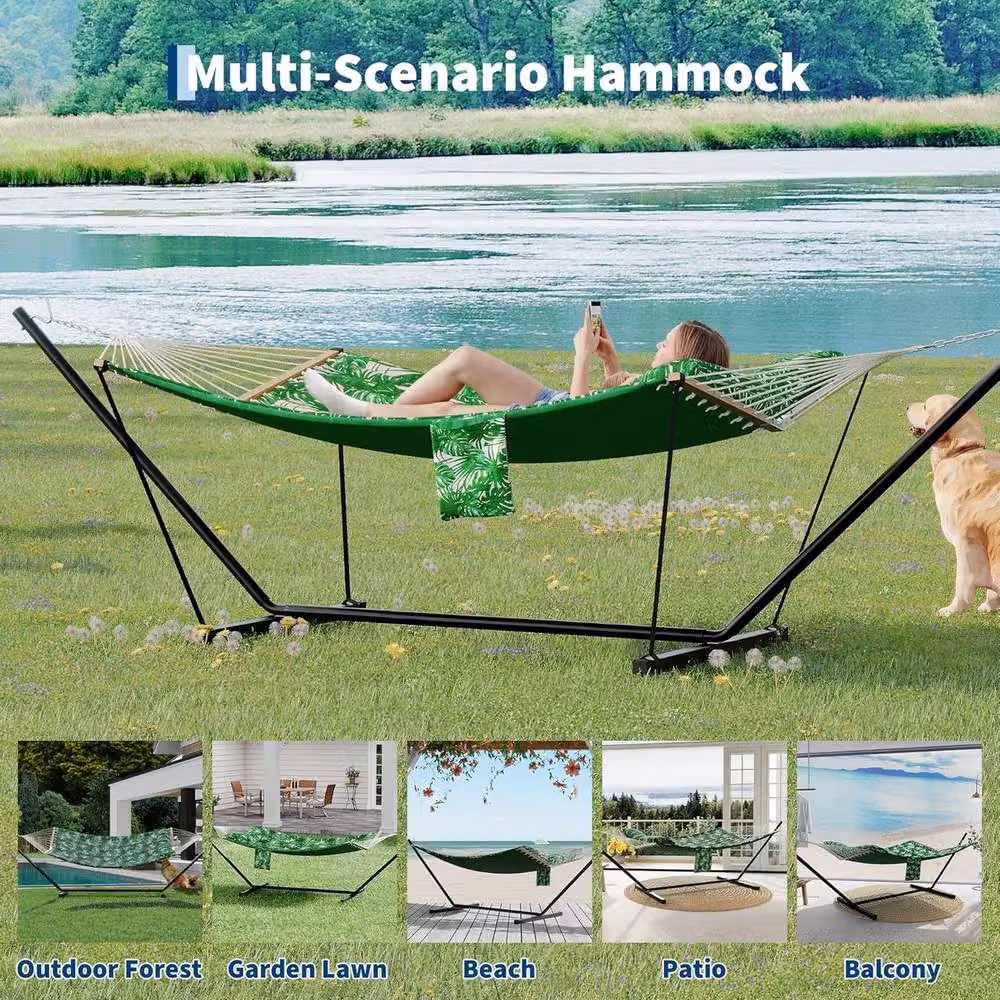 London Boutique Double Hammock with Stand and Cushions in Green – 7