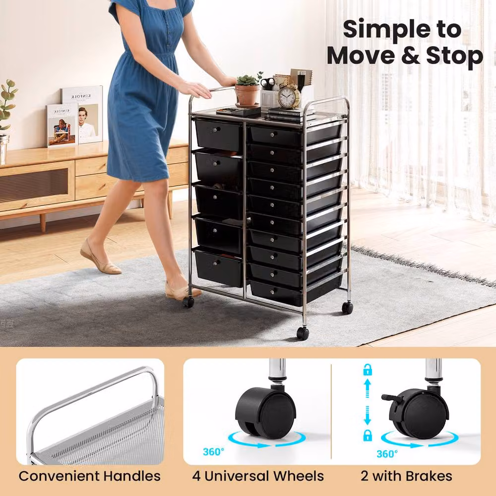 Gymax Art Craft Organizer Rolling Utility Cart with 15 Drawers in Black – 7