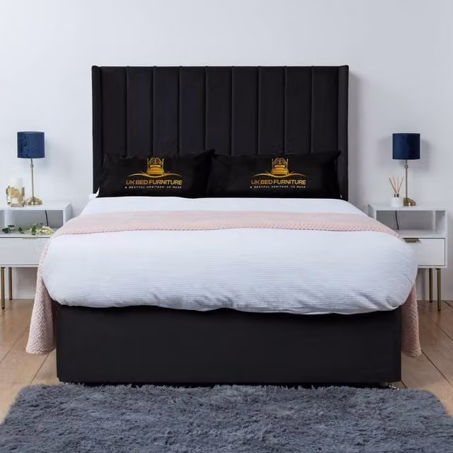 UK Bed Furniture Bella Wingback Divan Bed Base with 54 Inch Headboard in Black, Super King, W/D/H: 200 x 200 cm