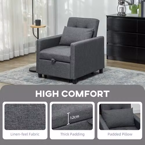 HOMCOM 3 in 1 Convertible Sofa Bed and Sleeper Chair in Grey Fabric with Solid Wood Frame – 5