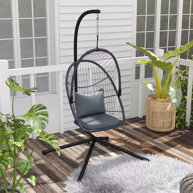 Outsunny Grey PE Rattan Egg Hanging Swing Chair with Stand and Cushions