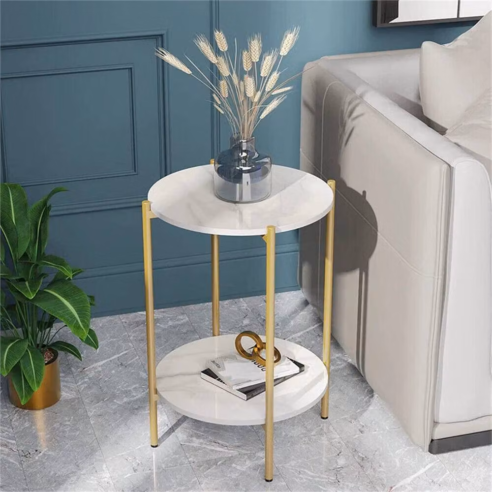 Nordara Gold 2 Tier Round Marble End Table and Coffee Table in White and Gold – 3
