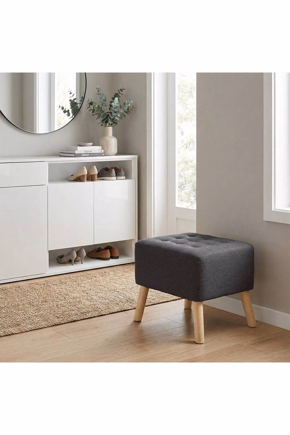 Living and Home Linen Upholstered Cube Footstool in Grey – 2