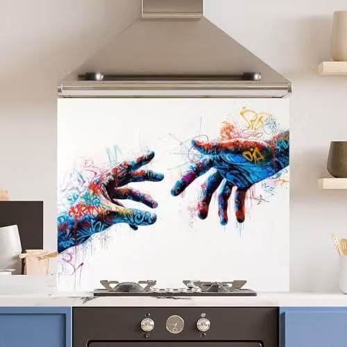 Toughened 6mm Glass Kitchen Splashback in Grafitti Hands Multicolour, W: 90 cm, H: 75 cm – 1