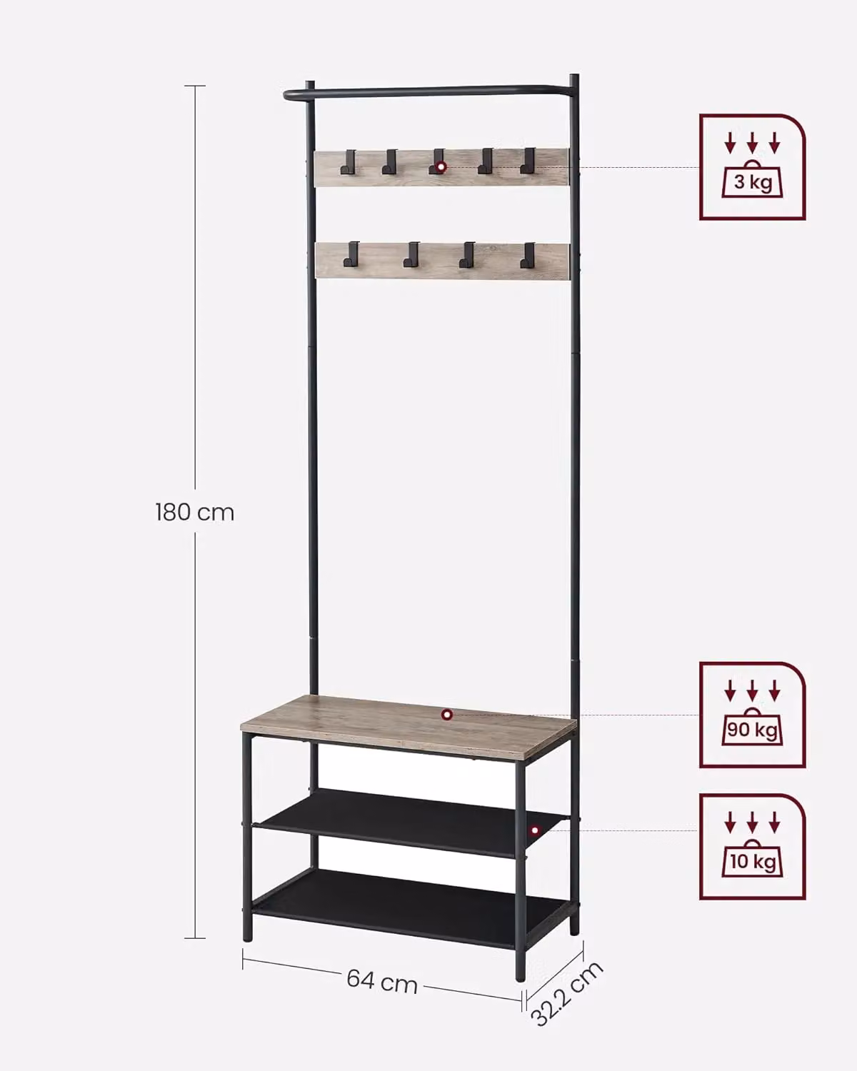 VASAGLE Industrial Hall Tree with Shoe Bench and Dual Hook and Rail Matrix in Light Beige – 2
