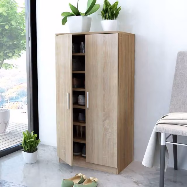 Berkfield Home Modern Oak Shoe Cabinet in Brown with 7 Internal Shelves and Hinged Doors
