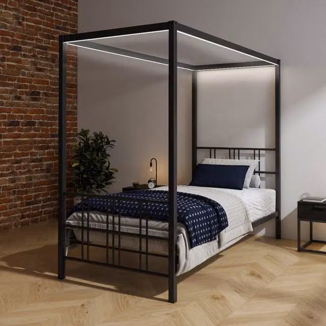 XR Living Fern Black Metal Four Poster Bed with LED Lighting, Single