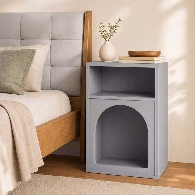 STILVORA Modern Grey Lacquered Bedside Table with 2 Open Compartments