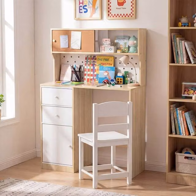 CASART Kids Wooden Study Desk and Chair Set with 2 Cabinets and 2 Drawers in White and Multicolour
