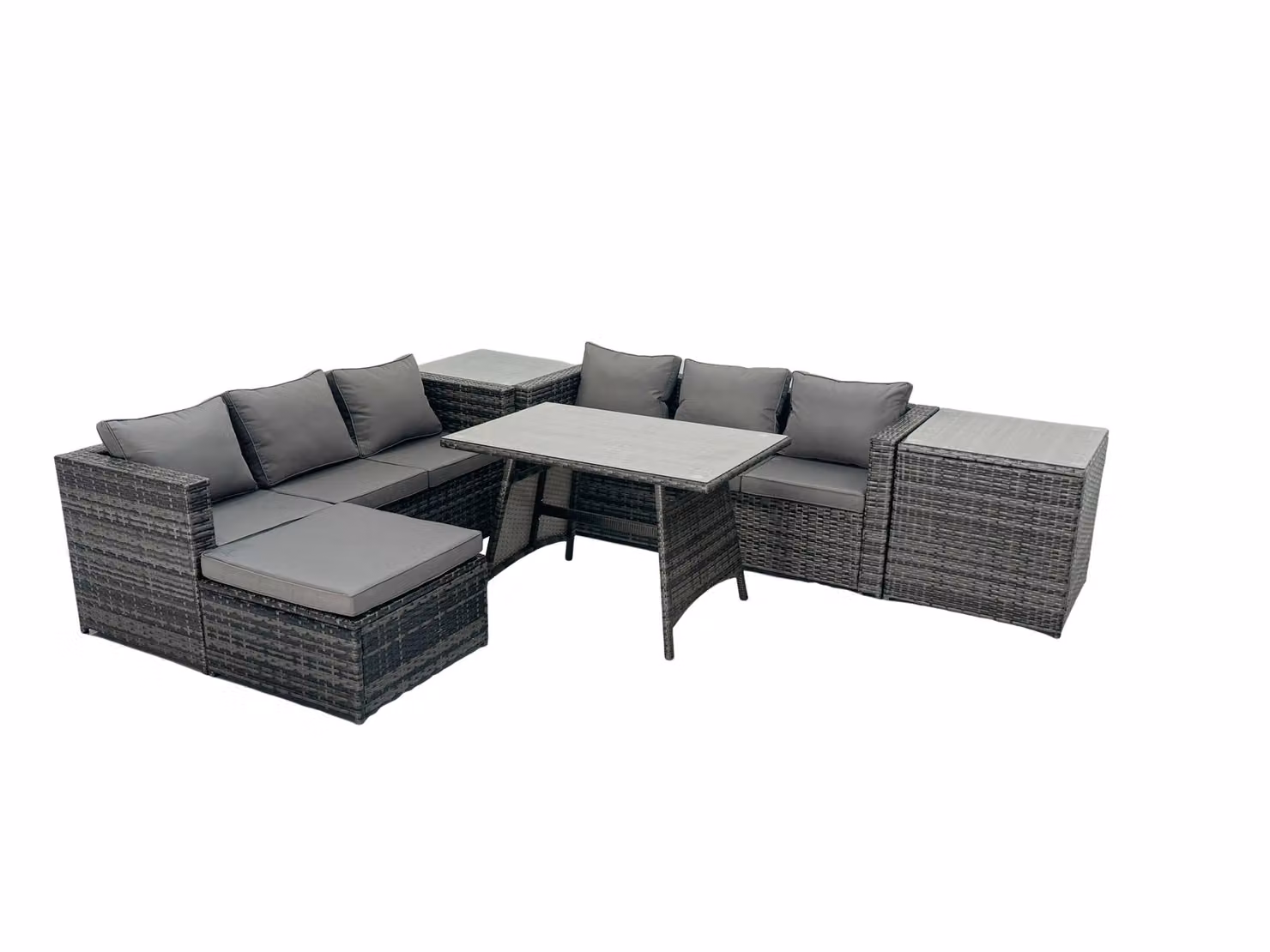 Fimous Rattan Dining Set with Sofa, 2 Side Tables and Large Footstool in Dark Grey – 2