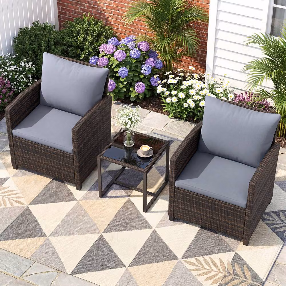 Costway 3-Piece Grey PE Rattan Outdoor Bistro Set with Upholstered Cushions and Coffee Table – 6