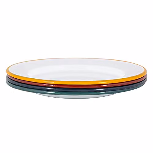 Argon Tableware Enamel Steel Dinner Plates, Pack of 4, Multicolour and White, Diameter: 25.5 cm – 1