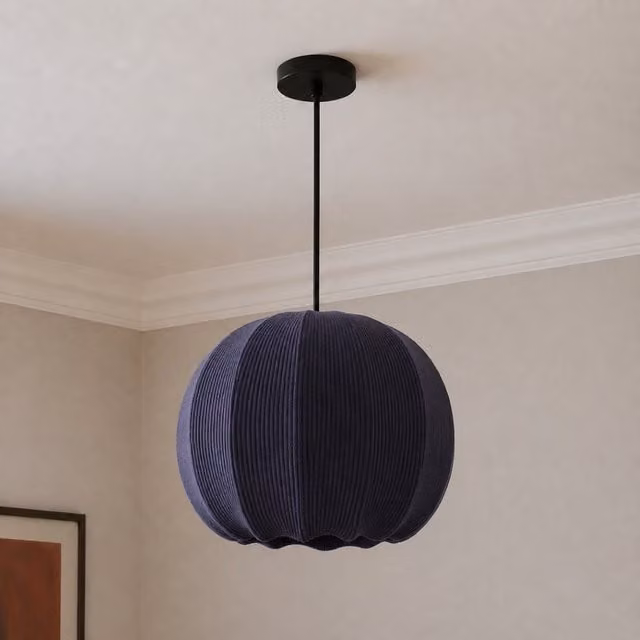 CGC Lila Modern Rounded Ribbed Stretch Cotton Fabric Lampshade in Blue, Diameter: 38 cm
