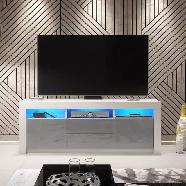 PAWNORA Modern TV Unit with White Matt Body and Grey High Gloss Fronts, Width: 160 cm – 1