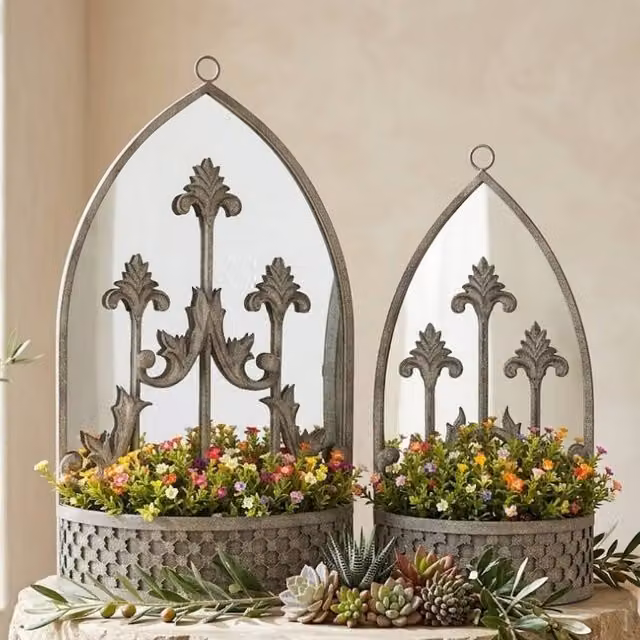 Minster Stylish Living Ltd Set of 2 Grey Metal Wall Mounted Planters with Mirror, W: 45 cm, H: 62 cm, D: 15 cm – 1
