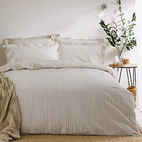 Riva Home Scandi Stripe Reversible 100% Cotton Duvet Cover Set with Pillowcases, Beige, W/D/H: 180 x 200 cm