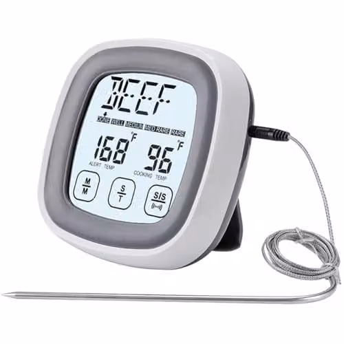 mysmartbuy Digital Instant Read Meat Thermometer with Probe, Stand, Magnetic Back and Timer in White, H8 x W8 x D3 cm – 1