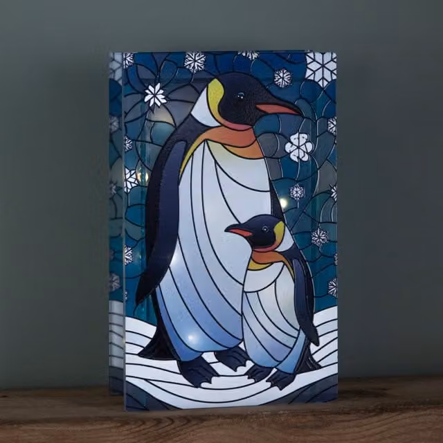 Samuel ALEXANDER Double Sided Stained Glass Mother and Baby Penguin Decoration with LED Lights, Multicolour, Height: 21 cm