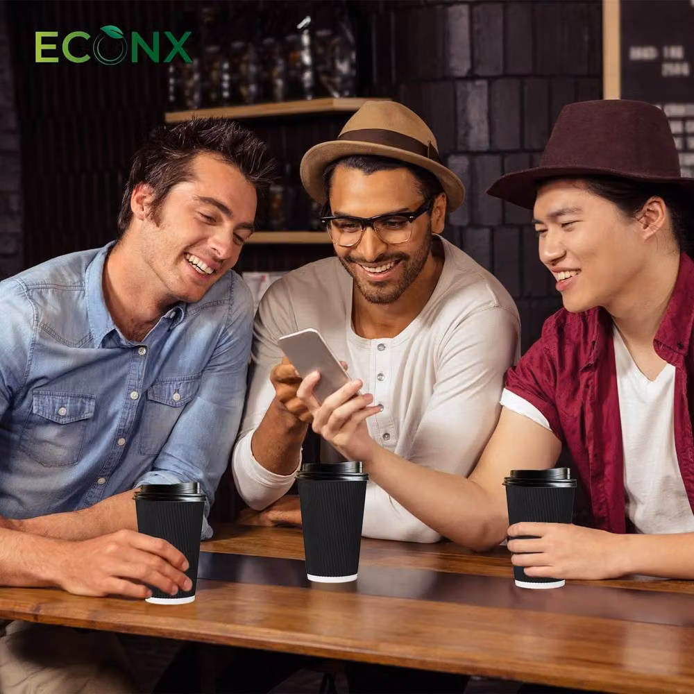 ECONX 100 Pack Disposable Triple Layer Paper Coffee Cups with Lids, Black, 16oz – 7