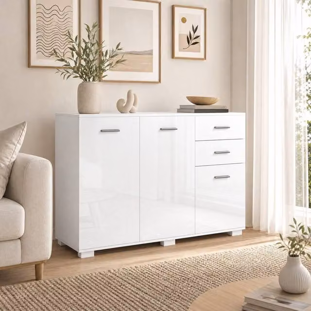 STILVORA Modern White Sideboard with 2 Drawers and Adjustable Shelves