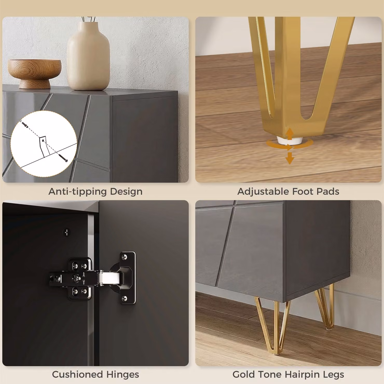 HOMCOM Modern Luxe High Gloss Sideboard in Grey with Gold Hairpin Legs, W: 120 cm, H: 75 cm, D: 33.7 cm – 5