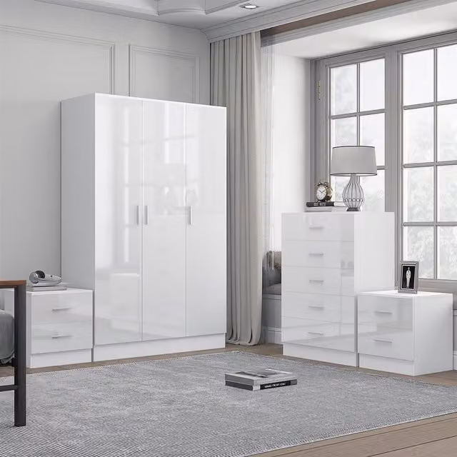 REFLECT Bedroom Furniture Bundle: 3-Door Plain Wardrobe, Chest of Drawers and 2x Bedside Tables in White Gloss and Matt White