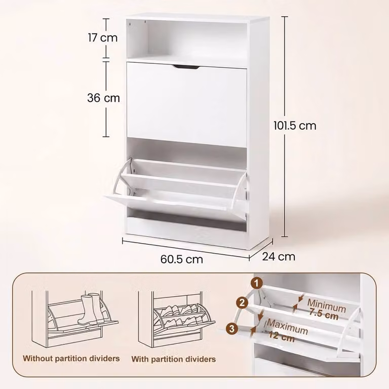 KORVIXA Modern White Shoe Cabinet with Tilting Compartments and Open Shelf